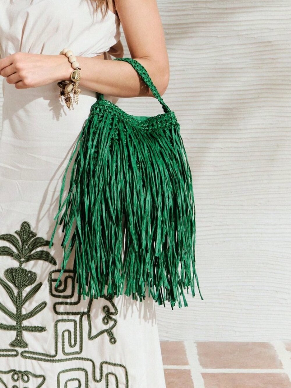 Grass Green Straw Tassel Women's Top Handle Bag - Picture 2 of 7